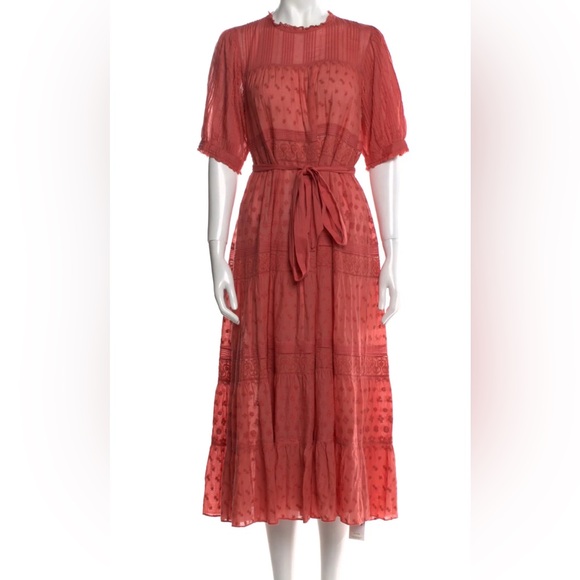 ❤️ DOEN EMBROIDERED LACE CORAL PINK COTTON BOHEMIAN PEASANT VINTAGE STYLE DRESS - Picture 1 of 15